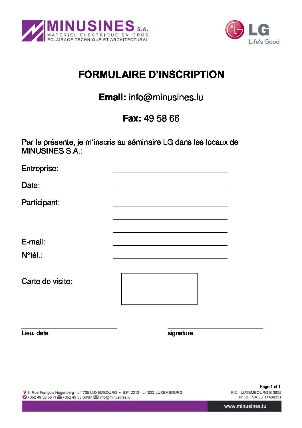 Formulaire d’inscription LG | Minusines S.A.