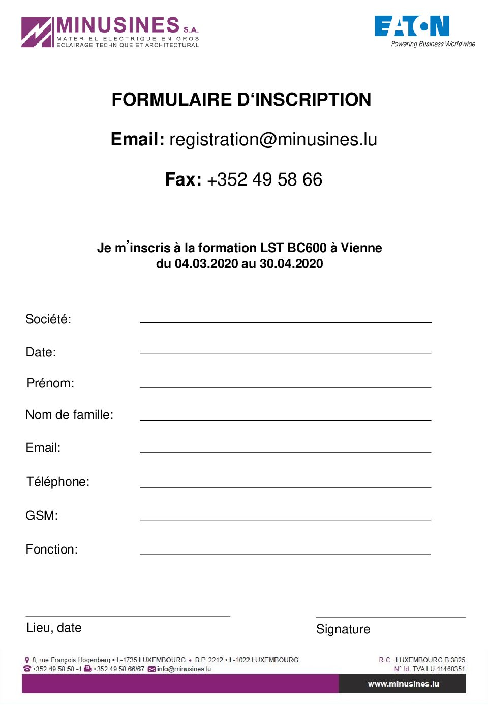 Formulaire d’inscription | Minusines S.A.